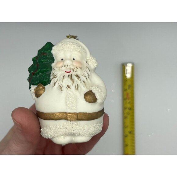 Vintage Bisque Porcelain Santa Ornament Glitter Roly Poly White Gold Tree 4" - Picture 6 of 6